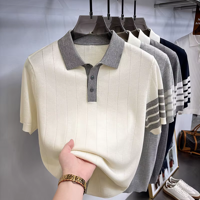 Chemise tricotée à manches courtes pour homme de marque de luxe, col à revers boutonné, style britan