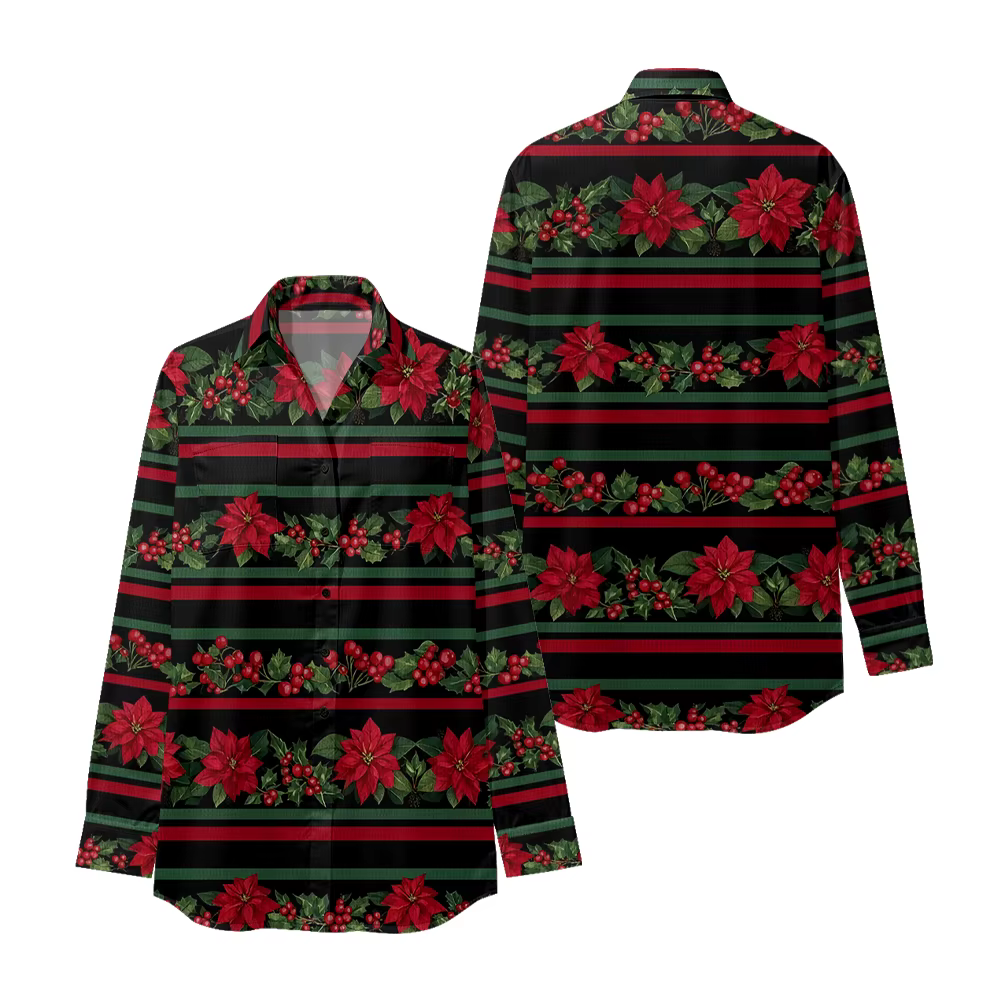 Chemise imprimée boutonnée de noël, dos rouge avec renne blanche, pins, flocons de neige, rayures gé