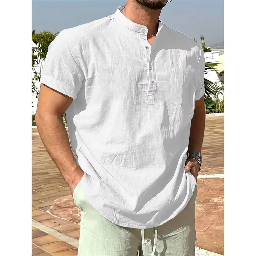 T-shirt col Henley pour hommes, en coton et lin, décontracté, respirant, léger, couleur unie, avec p