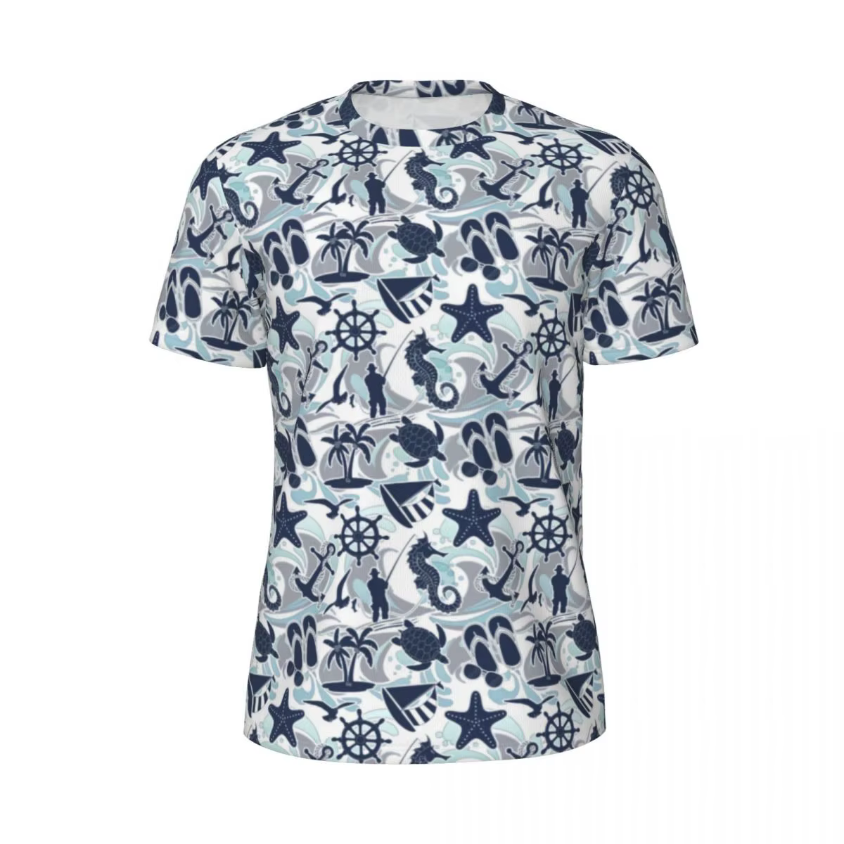T-shirt Sportif à Col Rond pour Homme, Vêtement de Plage Nautique, Imprimé Bord de Mer et Océan, Cad