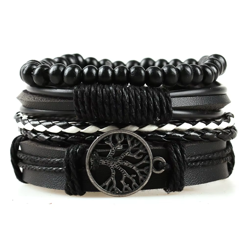 Accessoires en alliage arbre de vie, ensemble de quatre combinaisons, Bracelet en cuir pour hommes, 