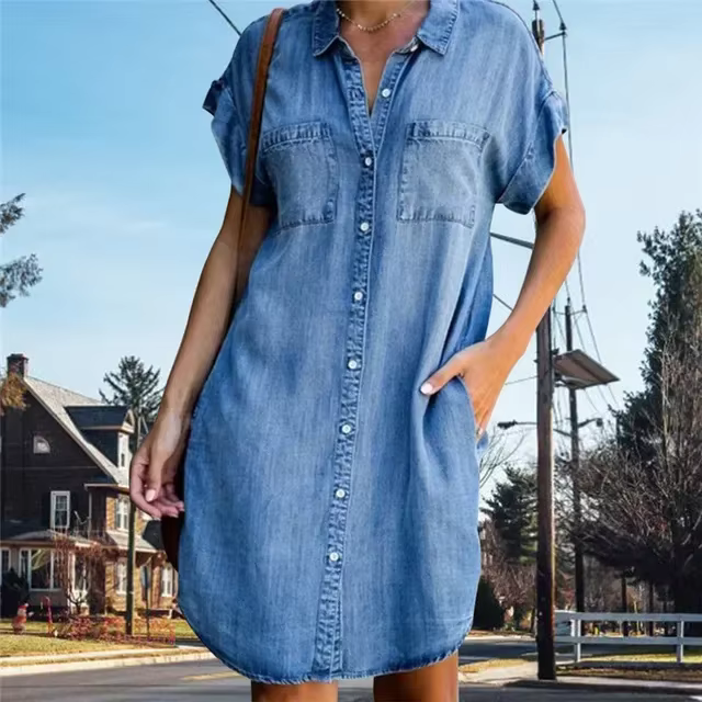Femmes Denim chemise robes à manches courtes en détresse Jean robe boutonnée décontracté mode tuniqu