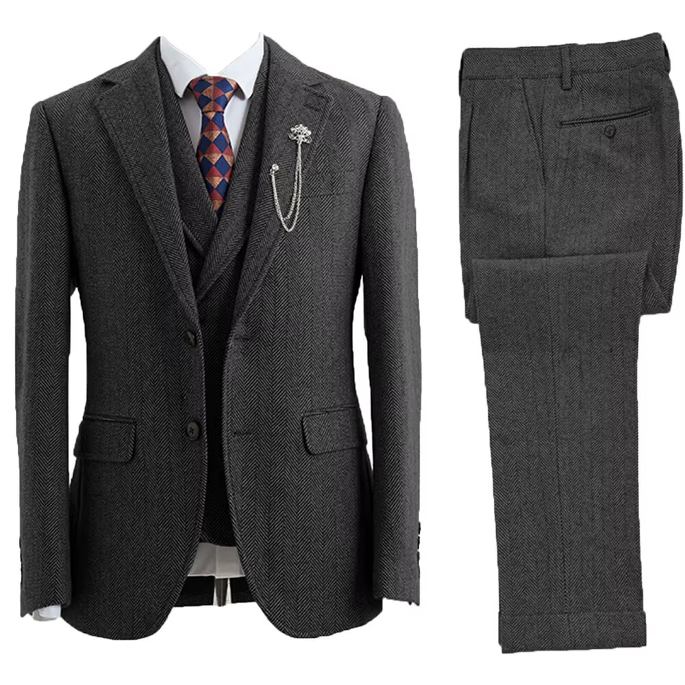 Tuxedos croisés à chevrons en tweed trempé pour hommes, vêtements de mariage, 3 pièces, taille