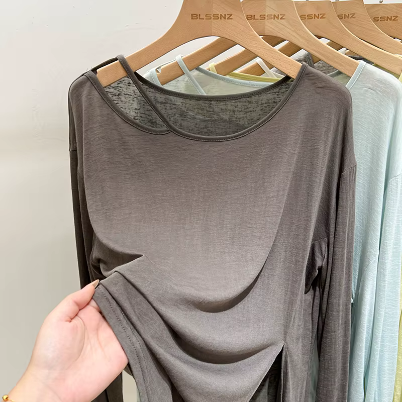 T-shirt à manches longues anti-UV pour femme, coupe épaules dénudées, fin et transparent, style déco