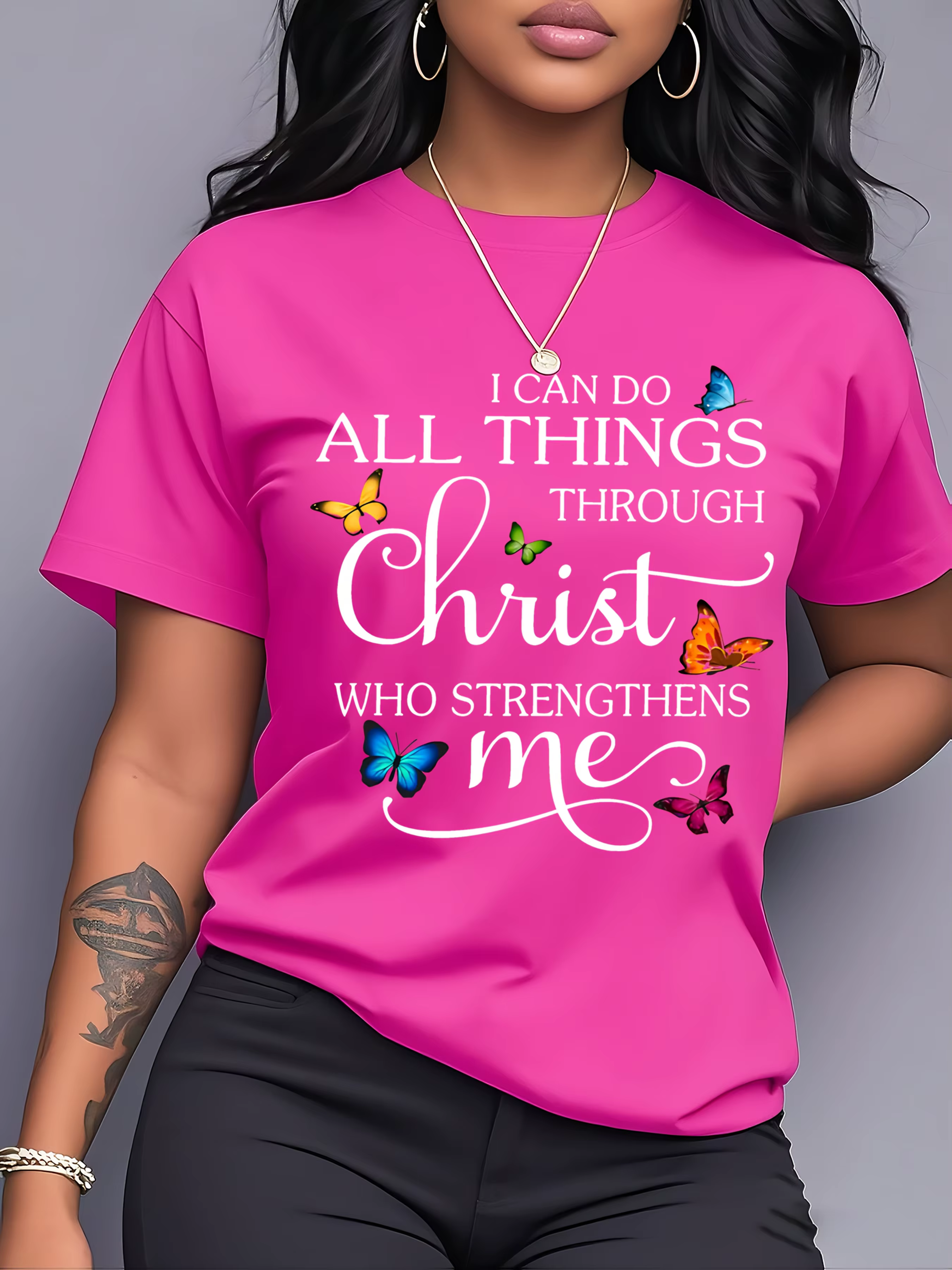T-shirt pour femme « I Can Do All Things Through Christ » - Motif papillon chrétien, haut rose décon