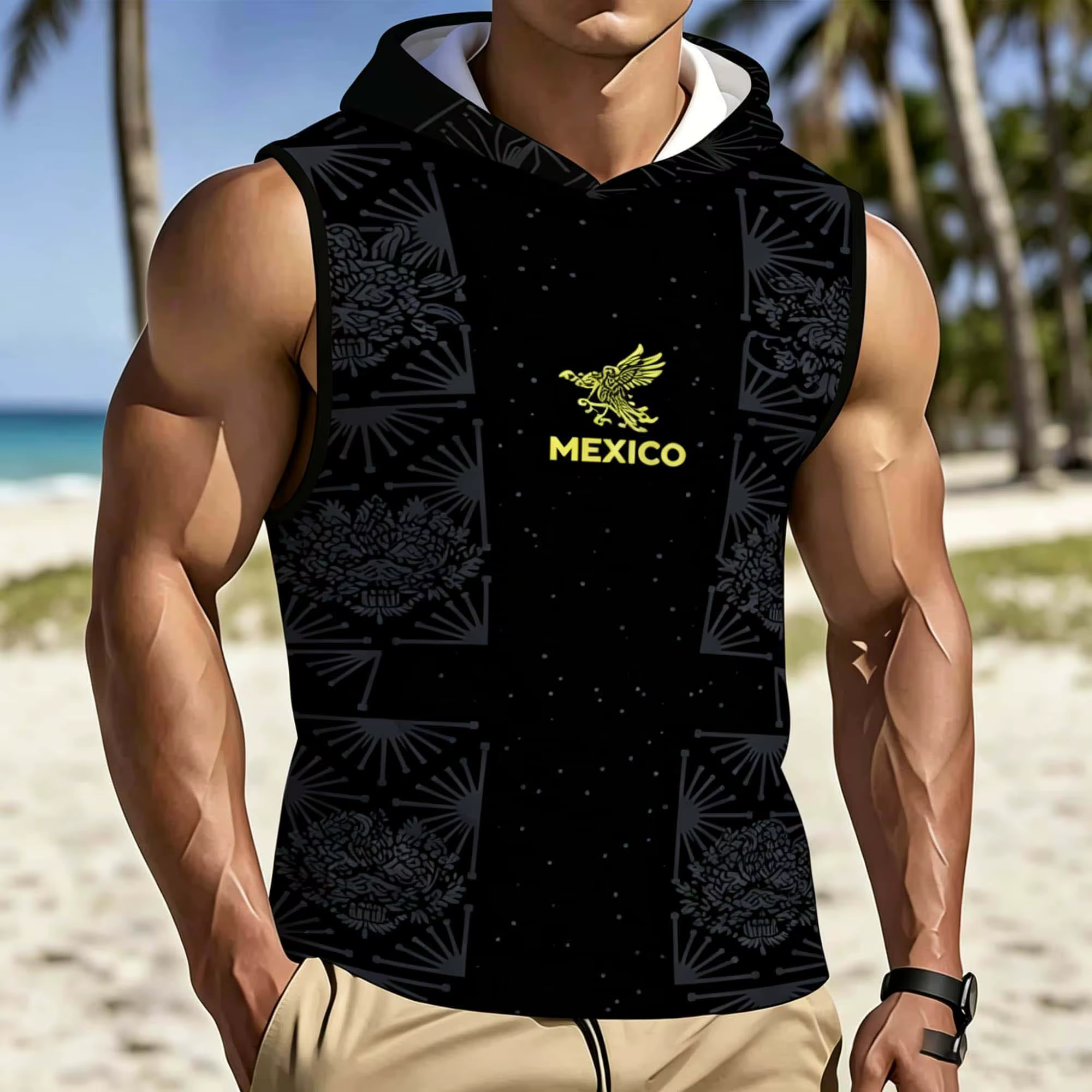 Haut à capuche sans manches pour hommes, motifs imprimés noirs, confortable, tendance, à la mode pou