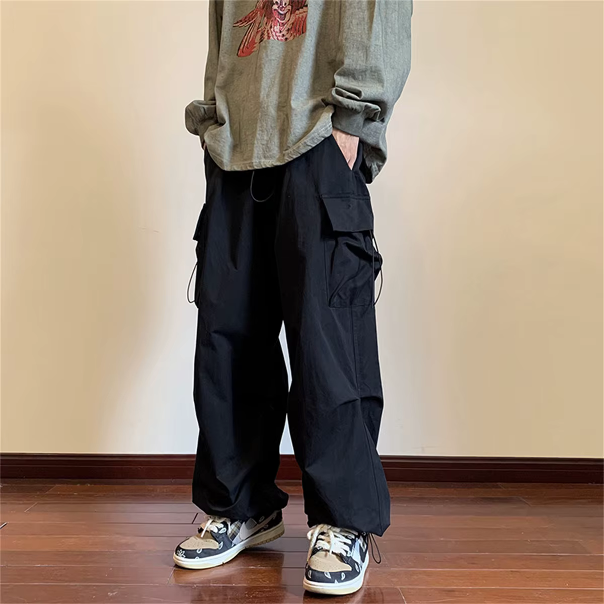 Streetwear 2024 printemps sarouel pantalons décontractés hommes taille élastique couleur unie Cargo 
