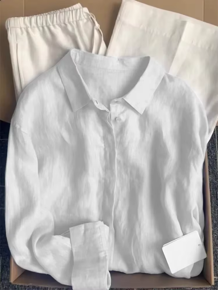 Chemise en lin français pour femmes, été, fin, ample, coton, lin, manches longues, Protection solair