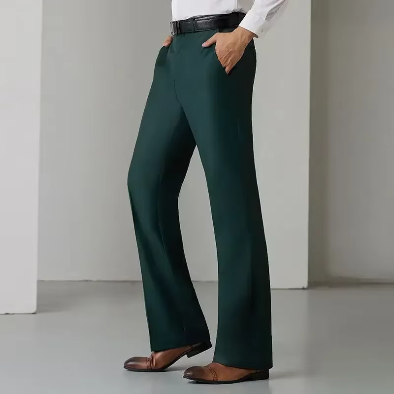 Homme costumes pantalon drapé évasé fluide serré jambe large noir affaires Social couture cloche bou