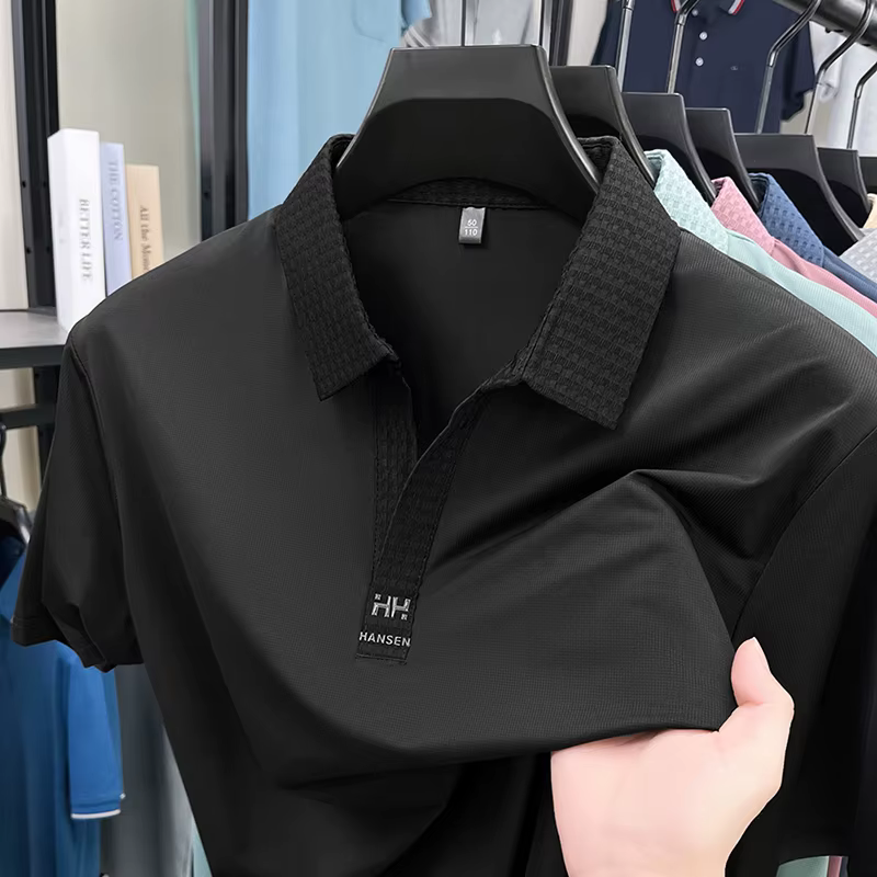 T-shirt à manches courtes et col en v pour hommes, polo d'été, couleur unie, soyeux, lisse, respiran