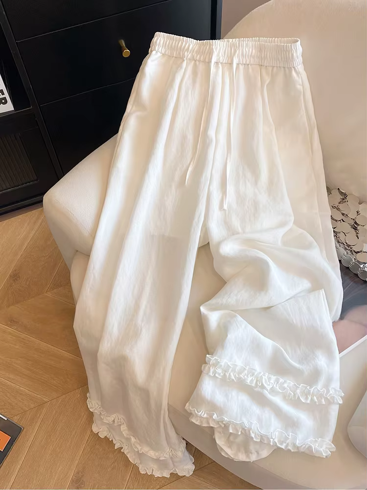 Nouveau pantalon large à volants pour femme, blanc, taille haute, décontracté, élégant, chic, avec l