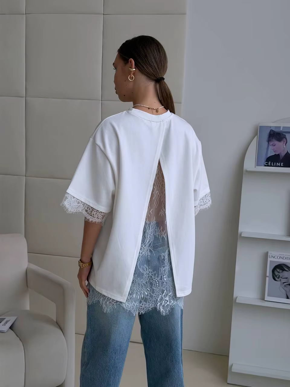 Nouveau T-shirt décontracté pour femme avec empiècements en dentelle, manches courtes, col rond, cou