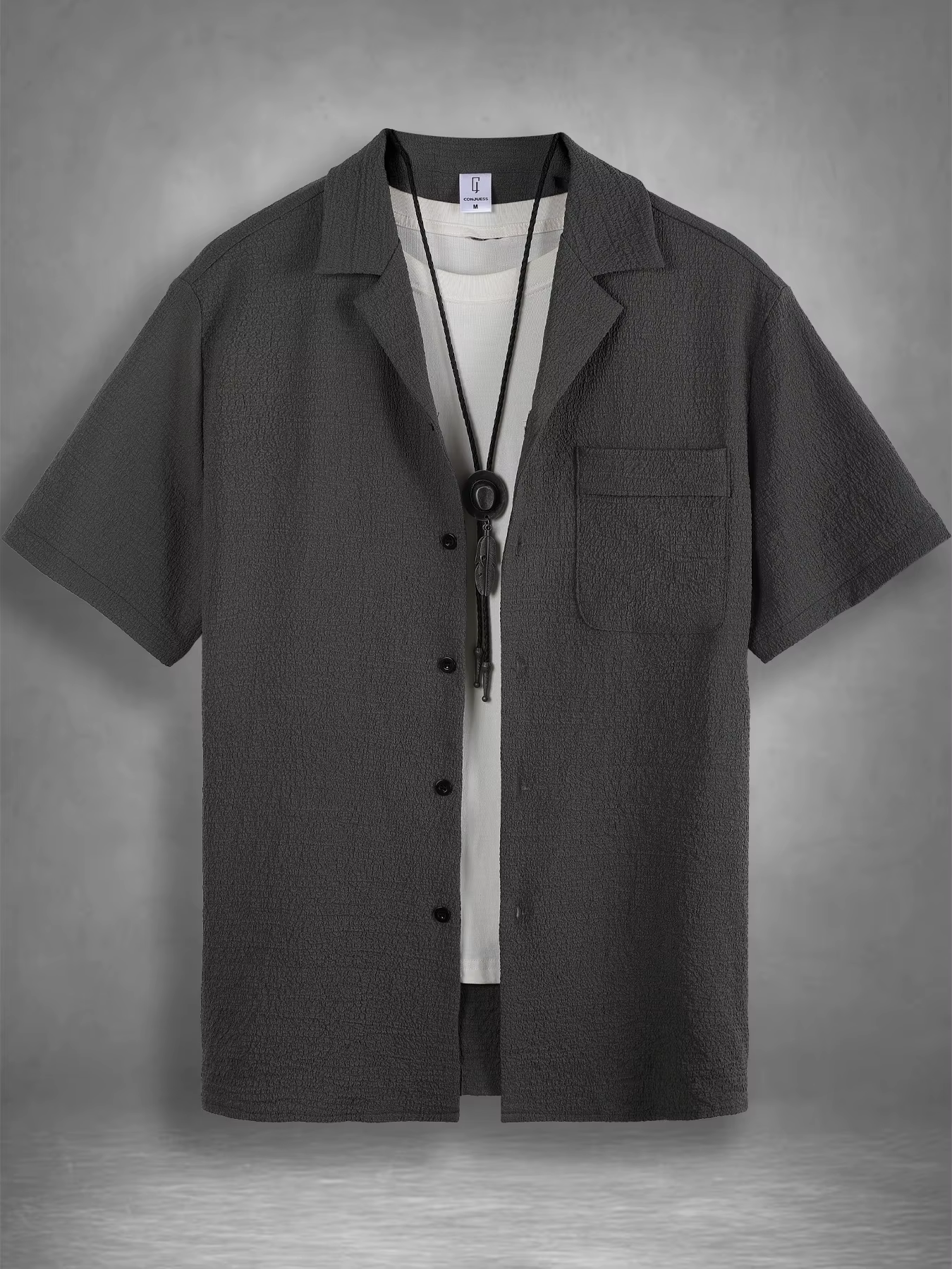 Chemise à col cubain texturée pour homme, décontractée et respirante, à manches courtes, pour l'été