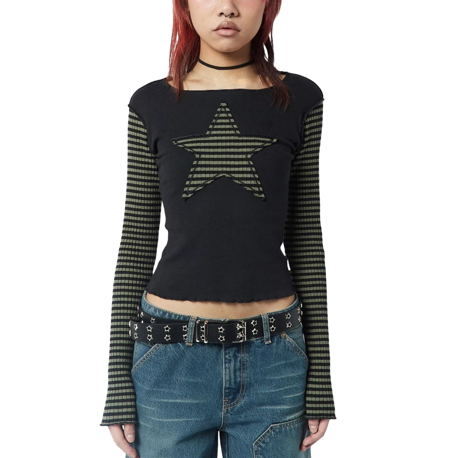 Chemise décontractée étoile Y2k pour femmes, hauts gothiques à manches longues, col rond, rayures ét