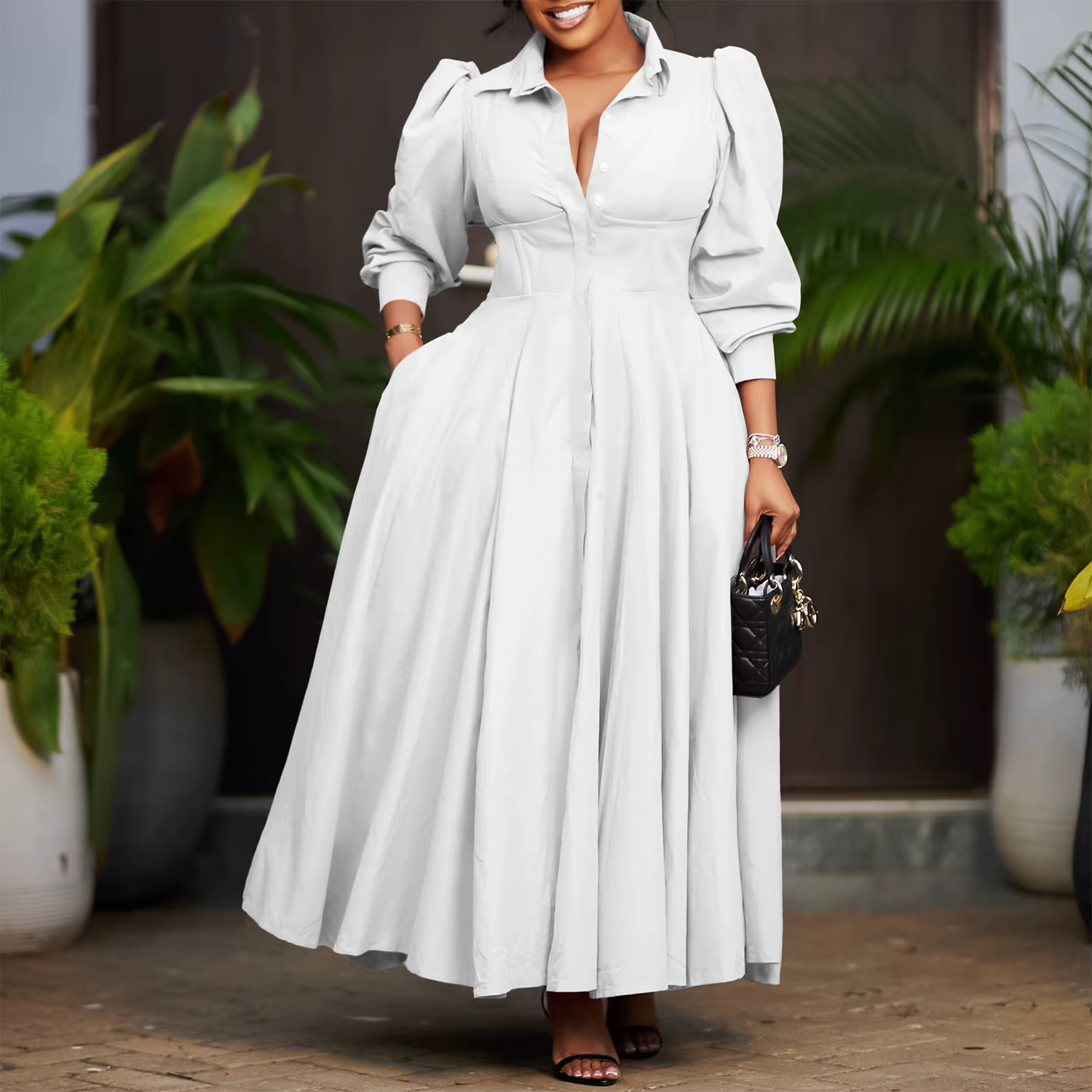 Robe chemise élégante à manches longues et à large volant pour femmes, couleur unie, mi-longue, nouv