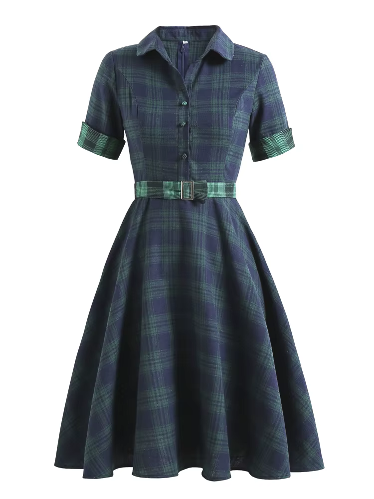 Tonval – robe Midi à carreaux pour femmes, chemise à boutons avec ceinture, Vintage, 2022 coton, élé