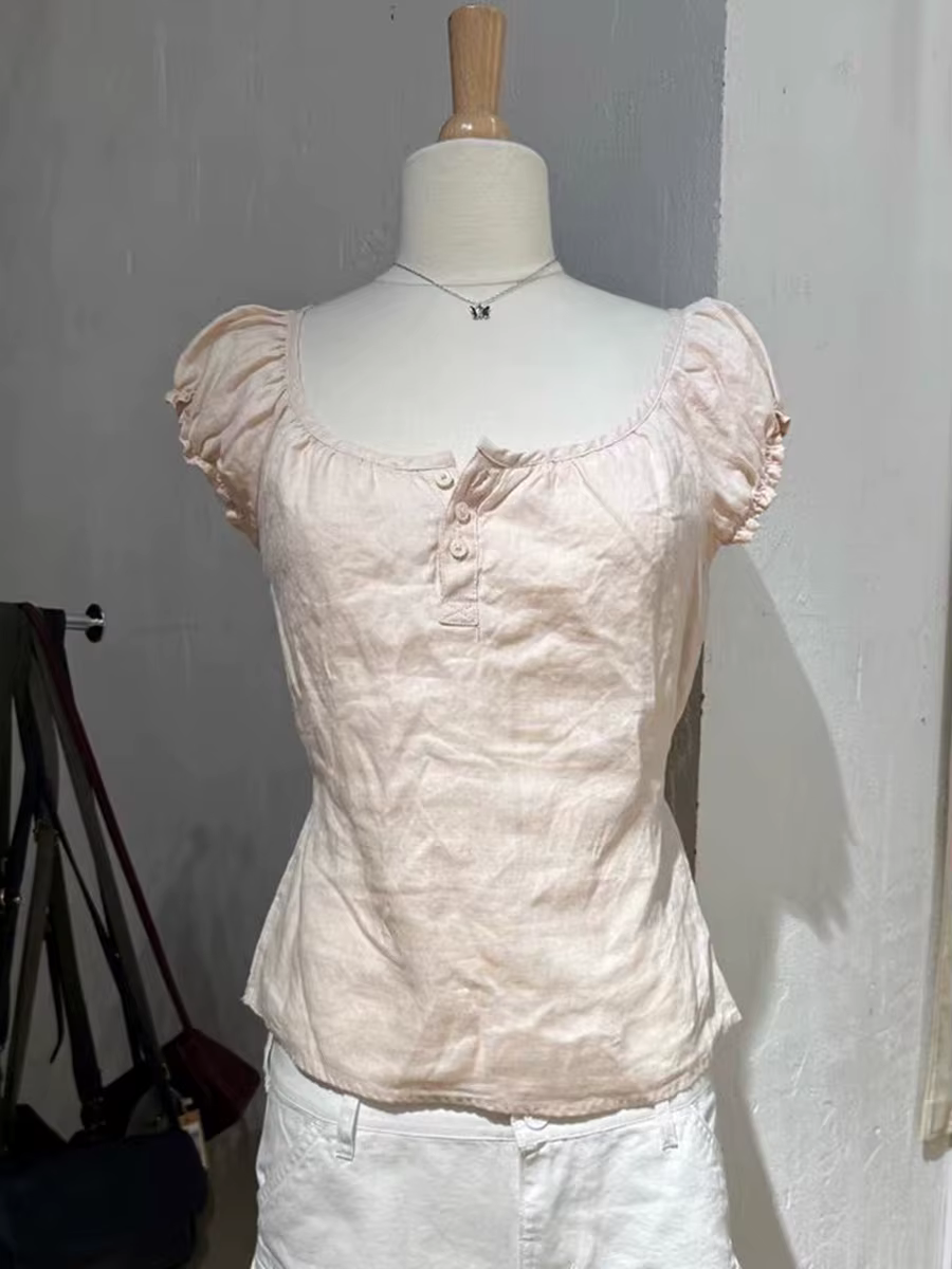 T-Shirt en Lin Rose à Lacets dans le Dos pour Femme, Trois lèvent, Col Rond, Volants, Manches Bouffa