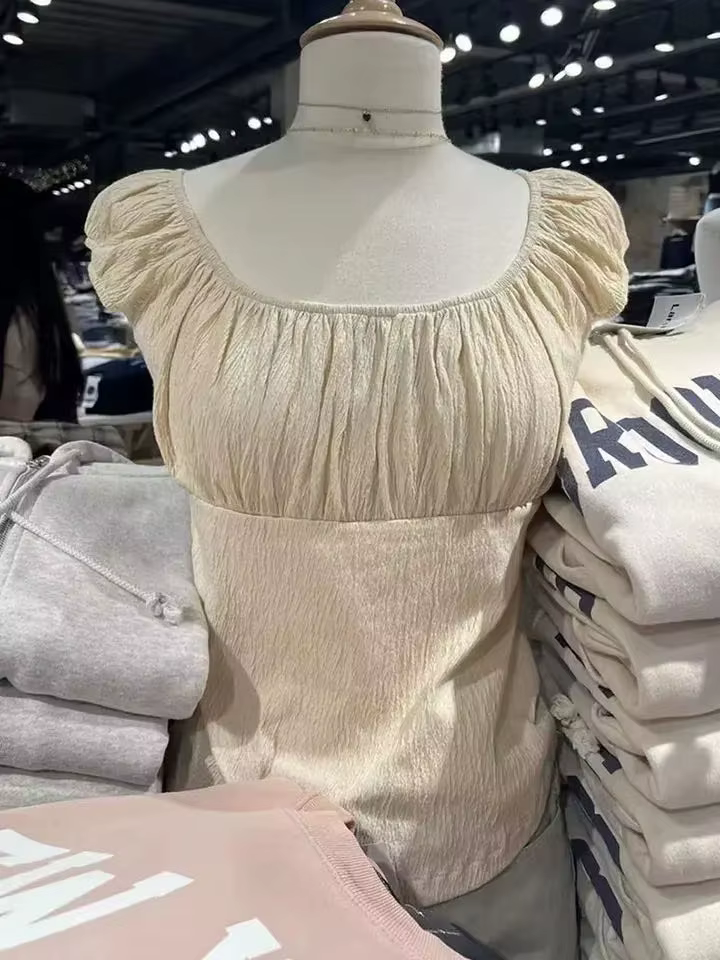T-shirt rose en maille plissée à manches courtes pour femme, col carré chic, en coton, à volants, co