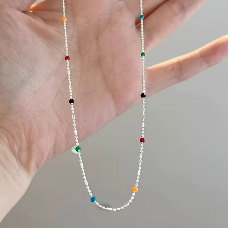 Collier en argent Sterling 925 avec perles multicolores géométriques simples, ras du cou, chaîne de 