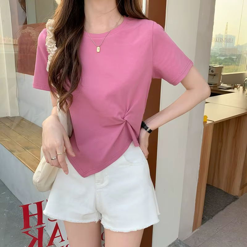 Nouveau T-shirt Femme 2026 Col Rond Coupe Irrégulière Manches Courtes Décontracté Slim pour Femme