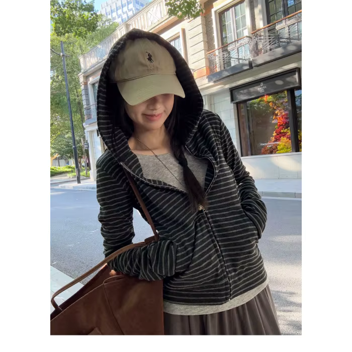 Veste à capuche décontractée pour femme, coupe ample, avec fermeture éclair, haut court rayé, printe