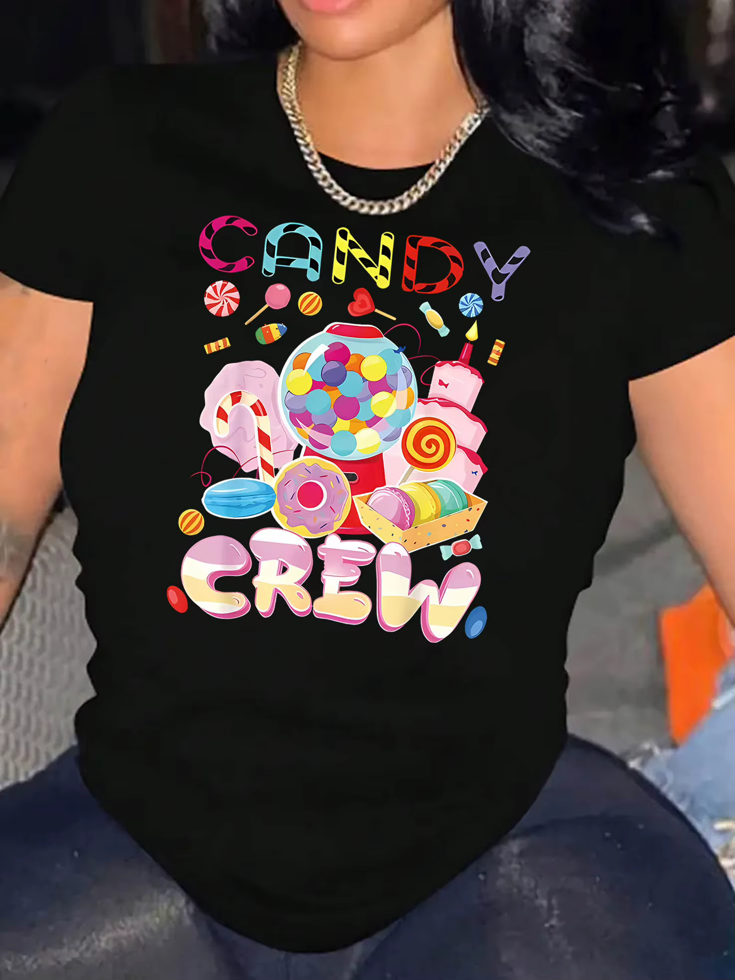 T-shirt à imprimé graphique Candy Crew pour femmes, noir, décontracté, manches courtes, col rond, av