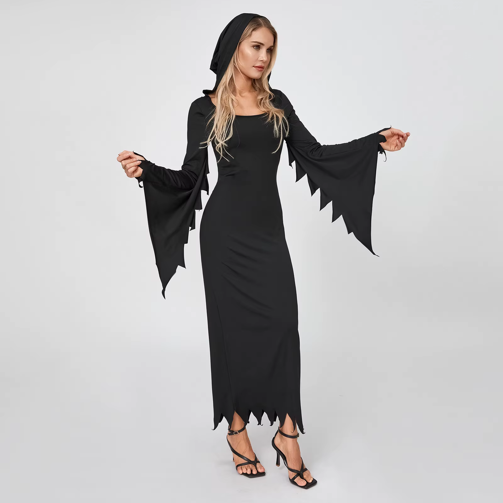 Costume de Sorcière Gothique Noir à Capuche, Robe Évasée à Manches sulfpour ixd'Halloween et Carnava
