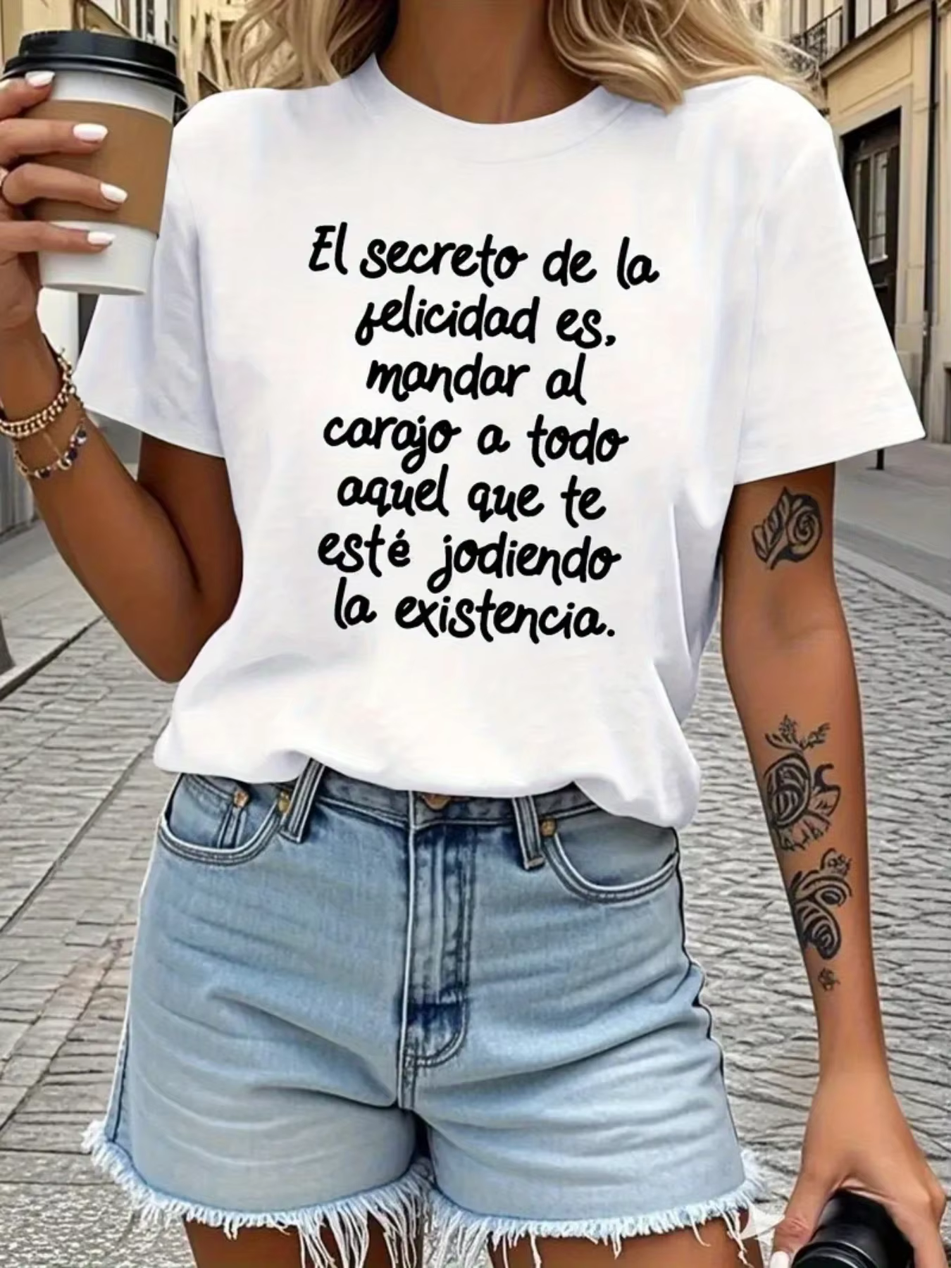 T-shirt pour femme à manches courtes, col rond, imprimé lettres espagnoles « El Secreto De Lafelicid