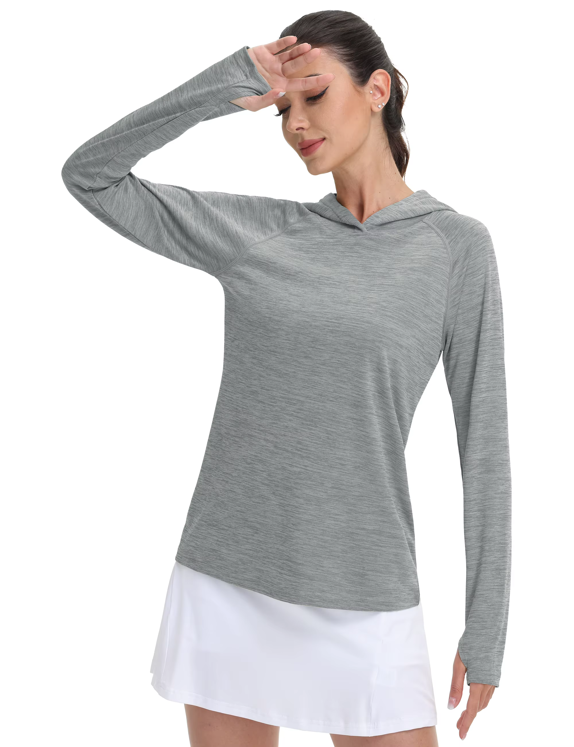 Sweat-shirt à capuche léger pour femme avec protection solaire UPF 50+, manches longues et trous pou