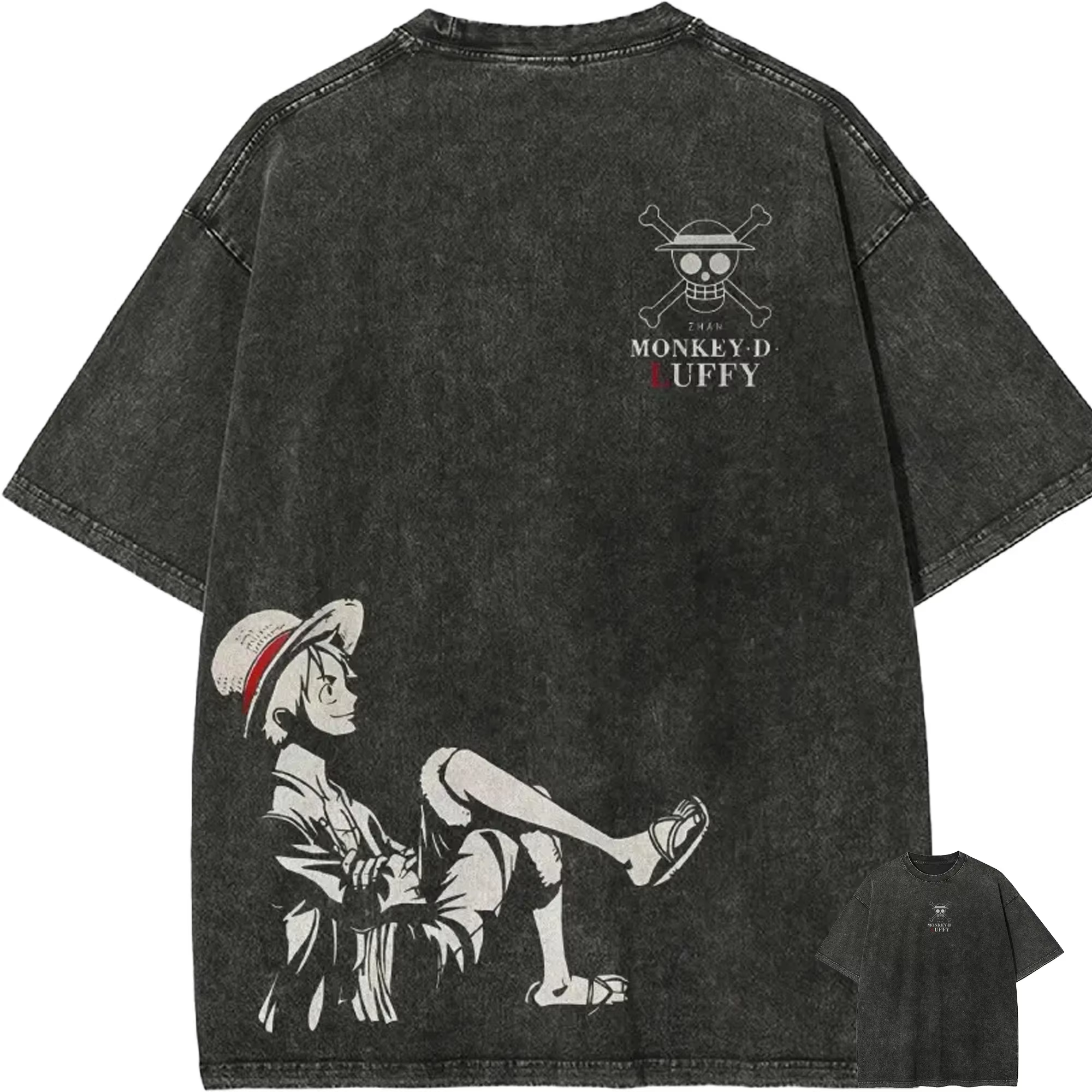 T-shirt Monkey D. Luffy pour homme, One Piece, effet délavé, motif anime, coton, style vintage stree
