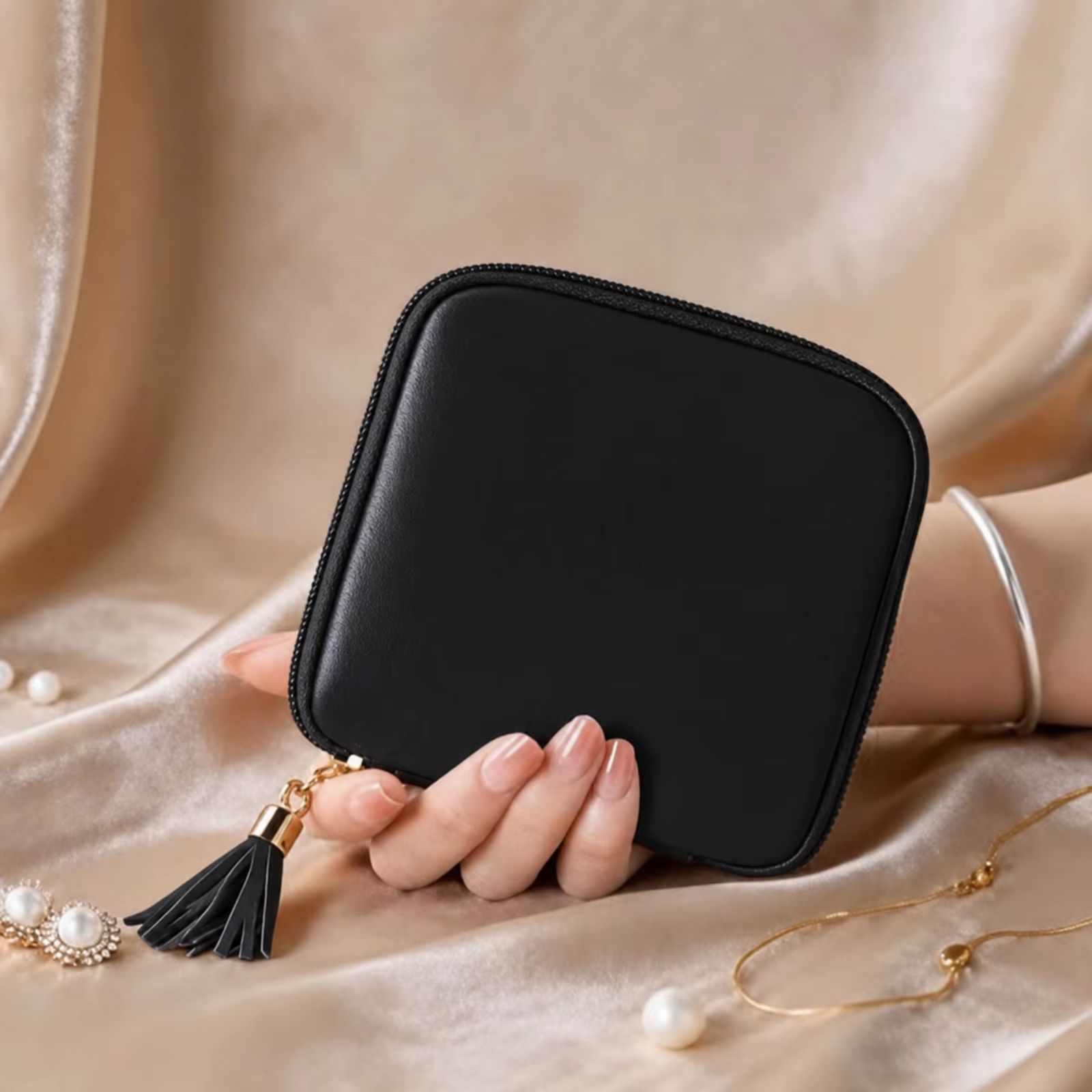 Pochette à bijoux en cuir PU pour femmes et filles, pochette à bijoux souple avec fermeture éclair e
