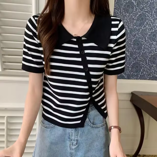 Chemises pour femmes irrégulières ouvrir la fente rayé tricoté T-shirts nouveaux pulls jeunesse basi