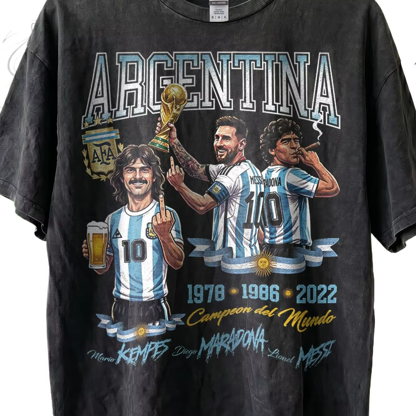 T-shirt unisexe commémoratif des champions d'Argentine trois étoiles, avec graphiques Kempes, Marado