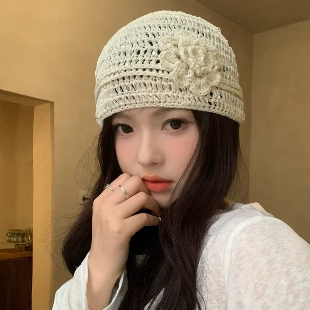Casquettes tricotées à fleurs tissées à la main, chapeau en Crochet à paillettes creuses Y2k, bonnet