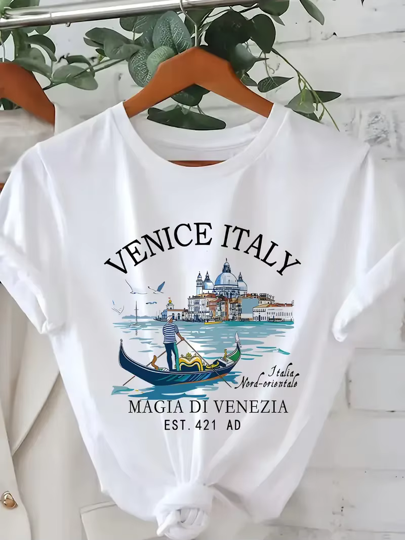 Mode venise italie imprimer femmes col rond T-Shirt décontracté à manches courtes lettre imprimer pr