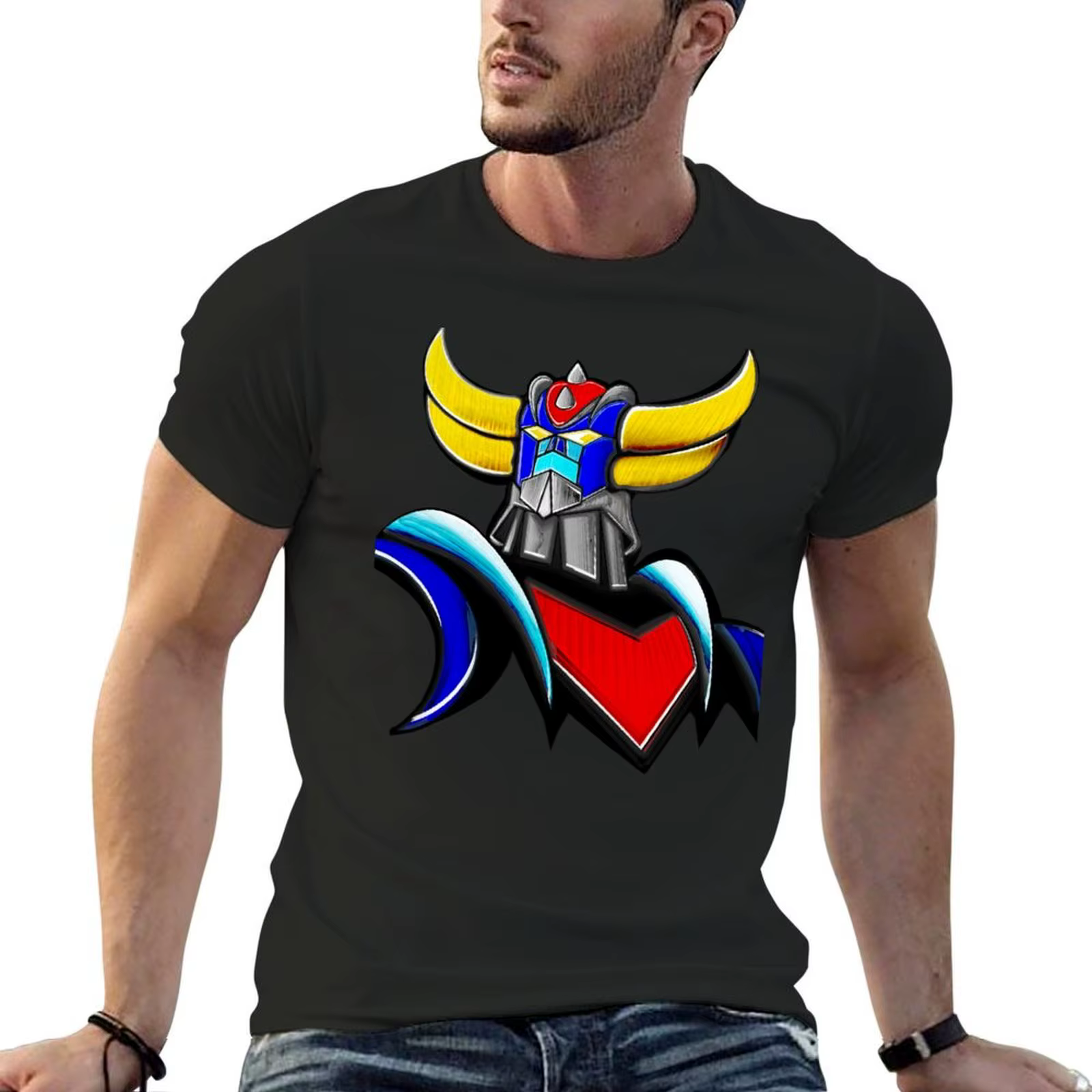 GOLDORAK figure T-Shirt noir coton graphique t-shirts T-Shirt pour hommes