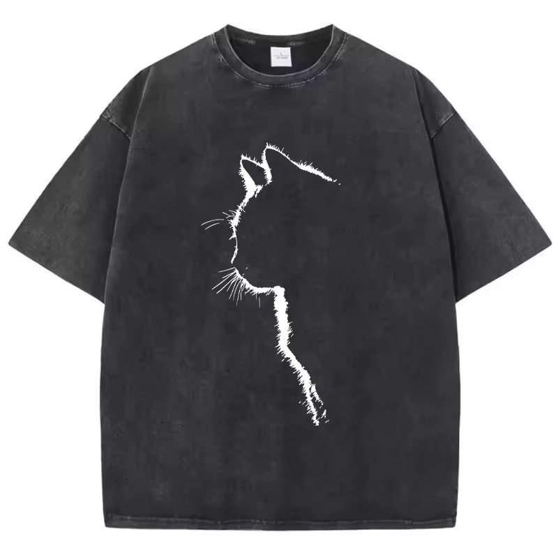 T-shirt vintage délavé 100% coton, t-shirt rétro avec motif de chat, streetwear décontracté pour le 