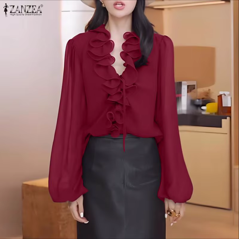 ZANZEA – chemisiers élégants à volants pour femmes, détails en dentelle, col en v, manches lanternes