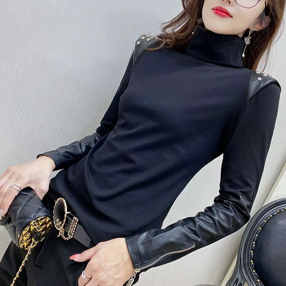 Noir dames T-shirts élégants automne hiver nouveau à manches longues demi-col haut sous-couche chemi