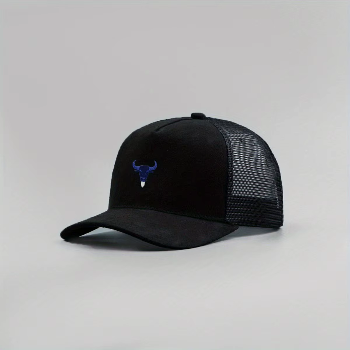 Chapeau de camionneur unisexe en maille et daim imprimé tête de taureau bleu, casquette de Baseball 