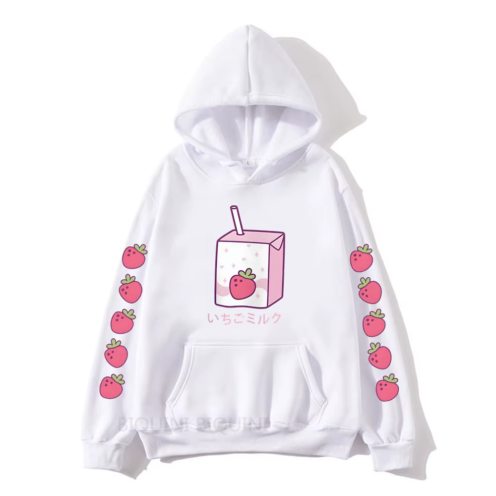 Sweat-shirt à capuche imprimé dessin animé lait fraise, manches longues, vêtements Kawaii pour fille