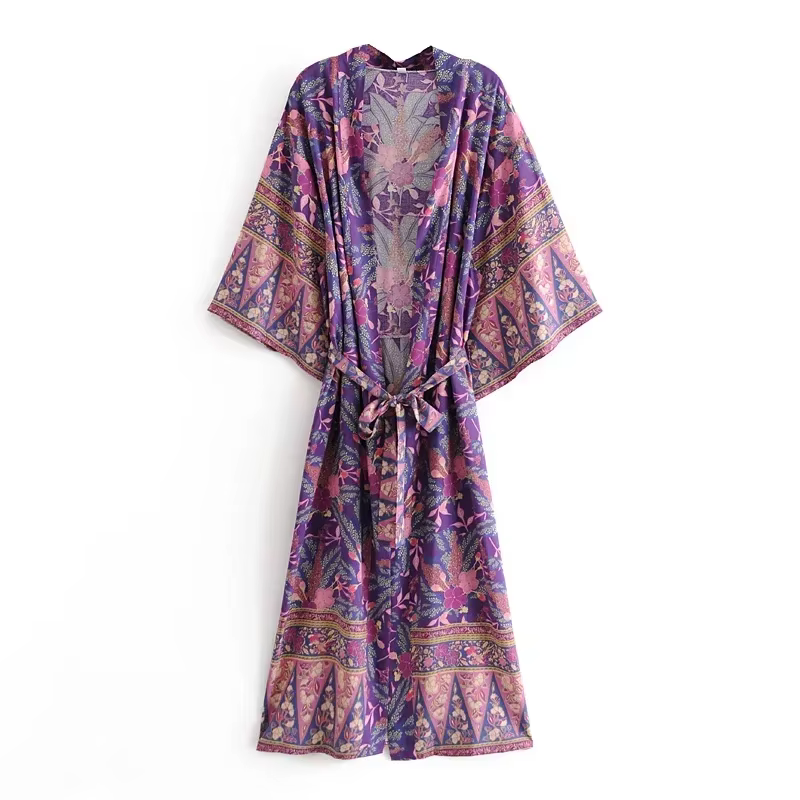 Kimono Vintage Chic pour femmes, imprimé Floral, ceinture, bohème, col en V, manches chauve-souris, 