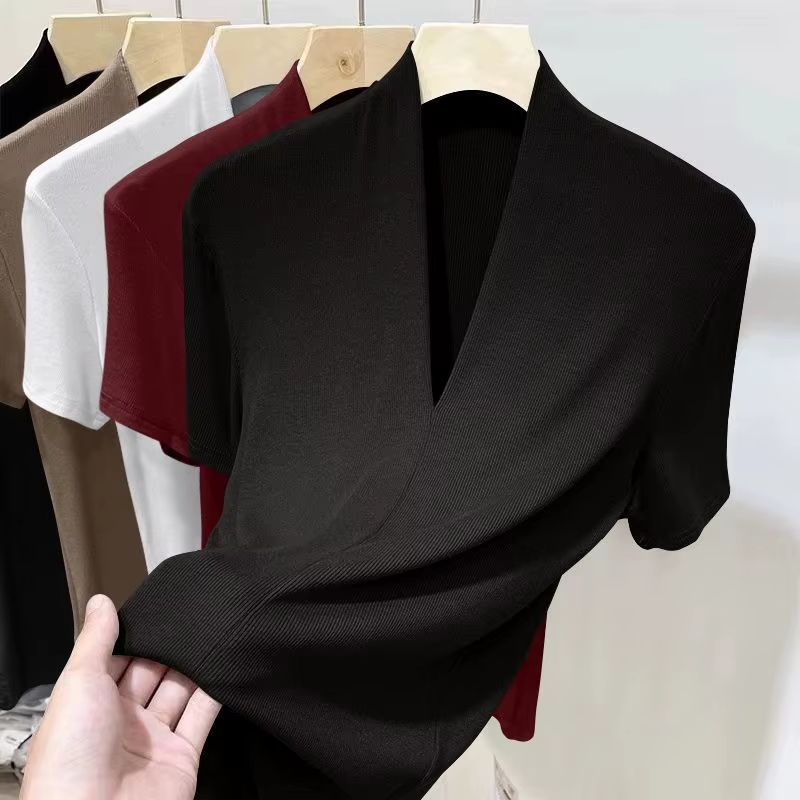 Nouveau T-shirt côtelé à manches courtes pour femme, mode estivale, polyvalent, col en V, coupe ajus