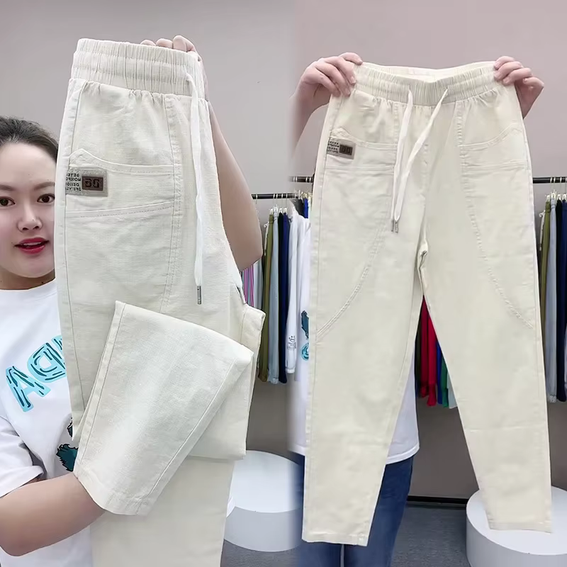 Pantalon sarouel pour femme, vintage, fin, taille haute, droit, décontracté, mode, adt, coton, lin, 