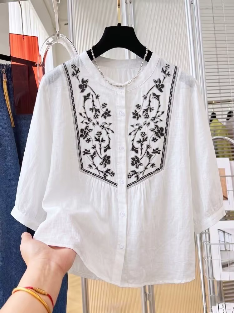 Nouvelle chemise d'été 2026 en lin Tencel brodé blanc pour femme, blouse ample à manches courtes, st