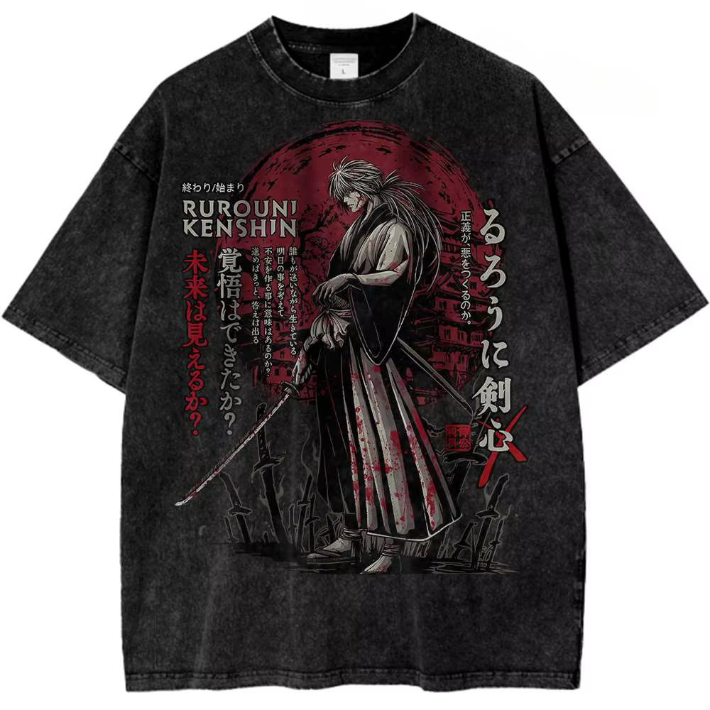 Rurouni Kenshin Anime vêtements Himura Kenshin impression T-shirt hommes Vintage t-shirts lavé coton