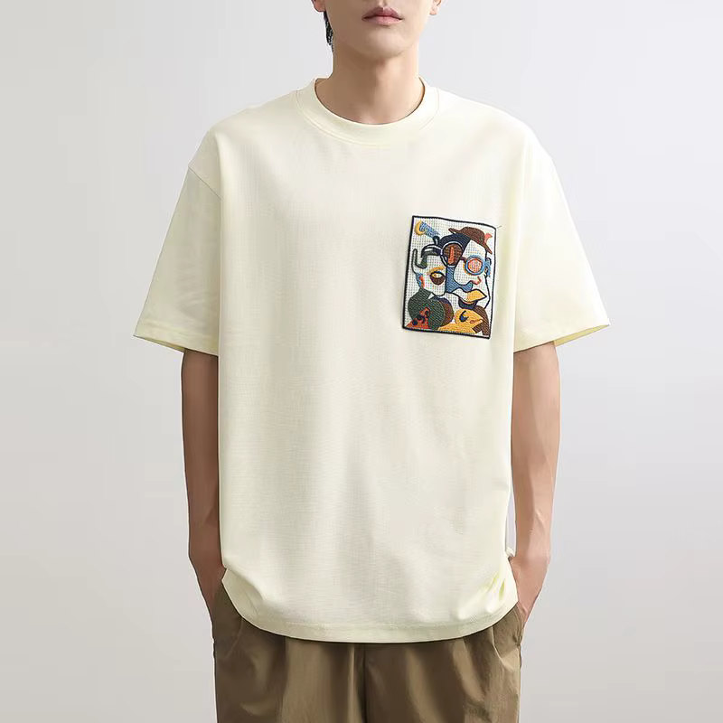 T-shirt col rond pour hommes, ample, brodé, chemises, Streetwear, vêtements esthétiques, Vintage, fê