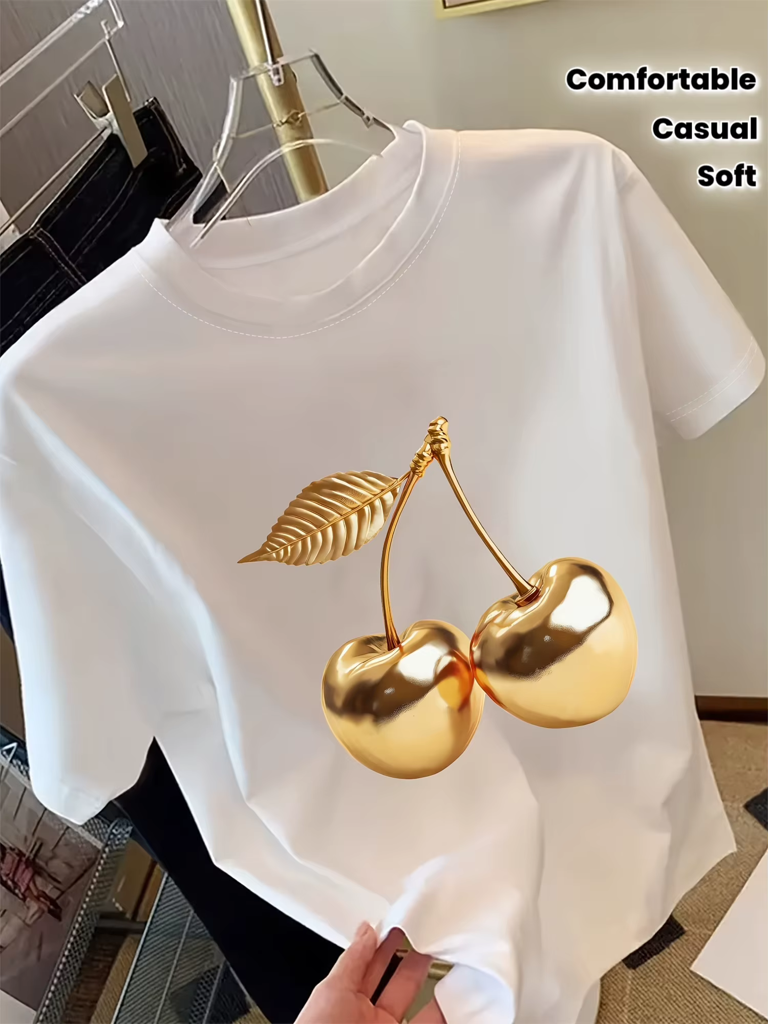 T-shirt à manches courtes pour femme avec imprimé cerises dorées, motif géométrique, col rond, desig