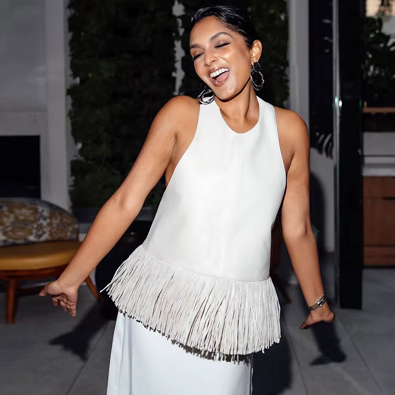 Débardeur femme à franges en similicuir, dos nu, col licou, sans manches, amincissant, uni, style co