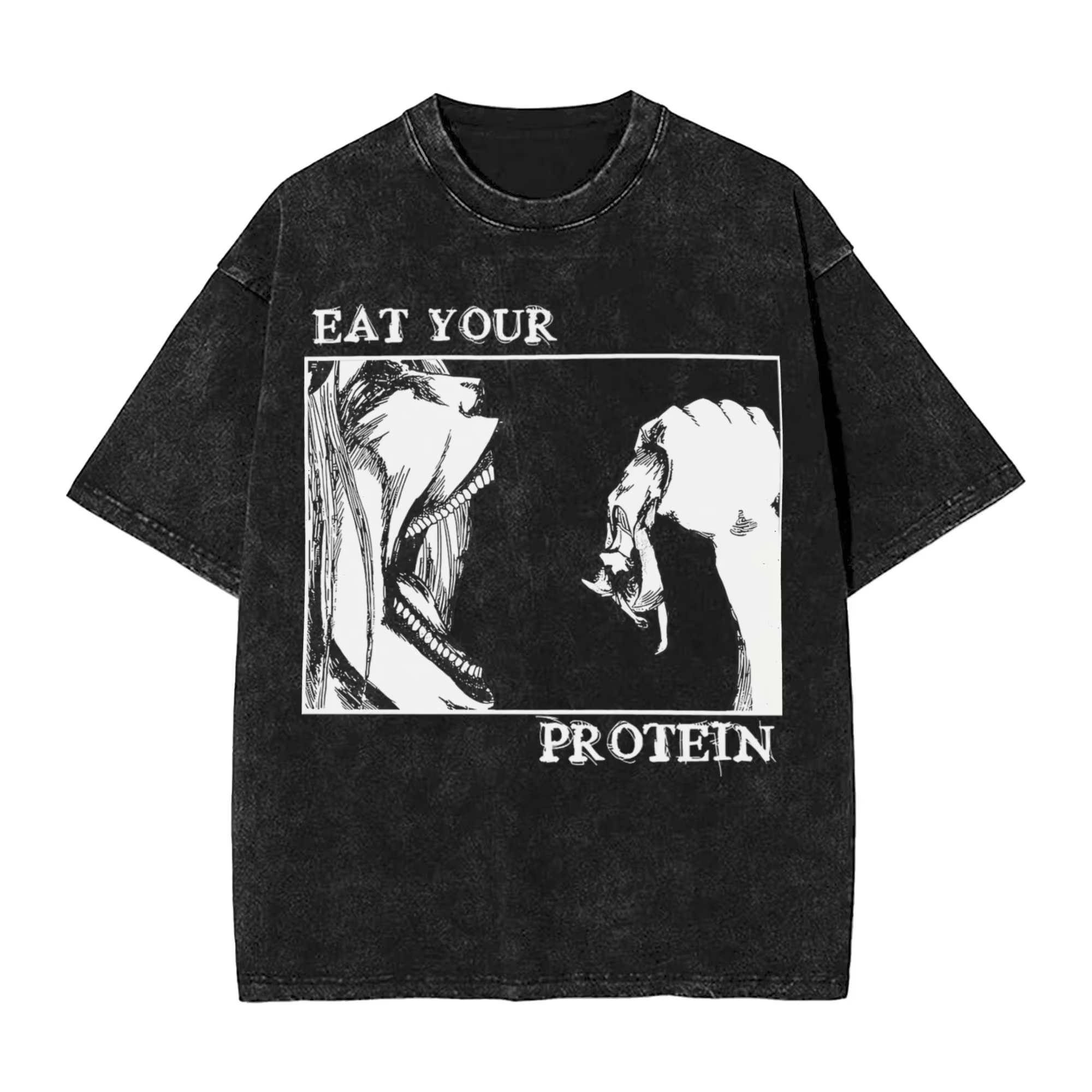 T-shirts délavés Hip Hop Streetwear pour Hommes et Femmes, motif 'Eat Your Protein' et Eren Yeager L
